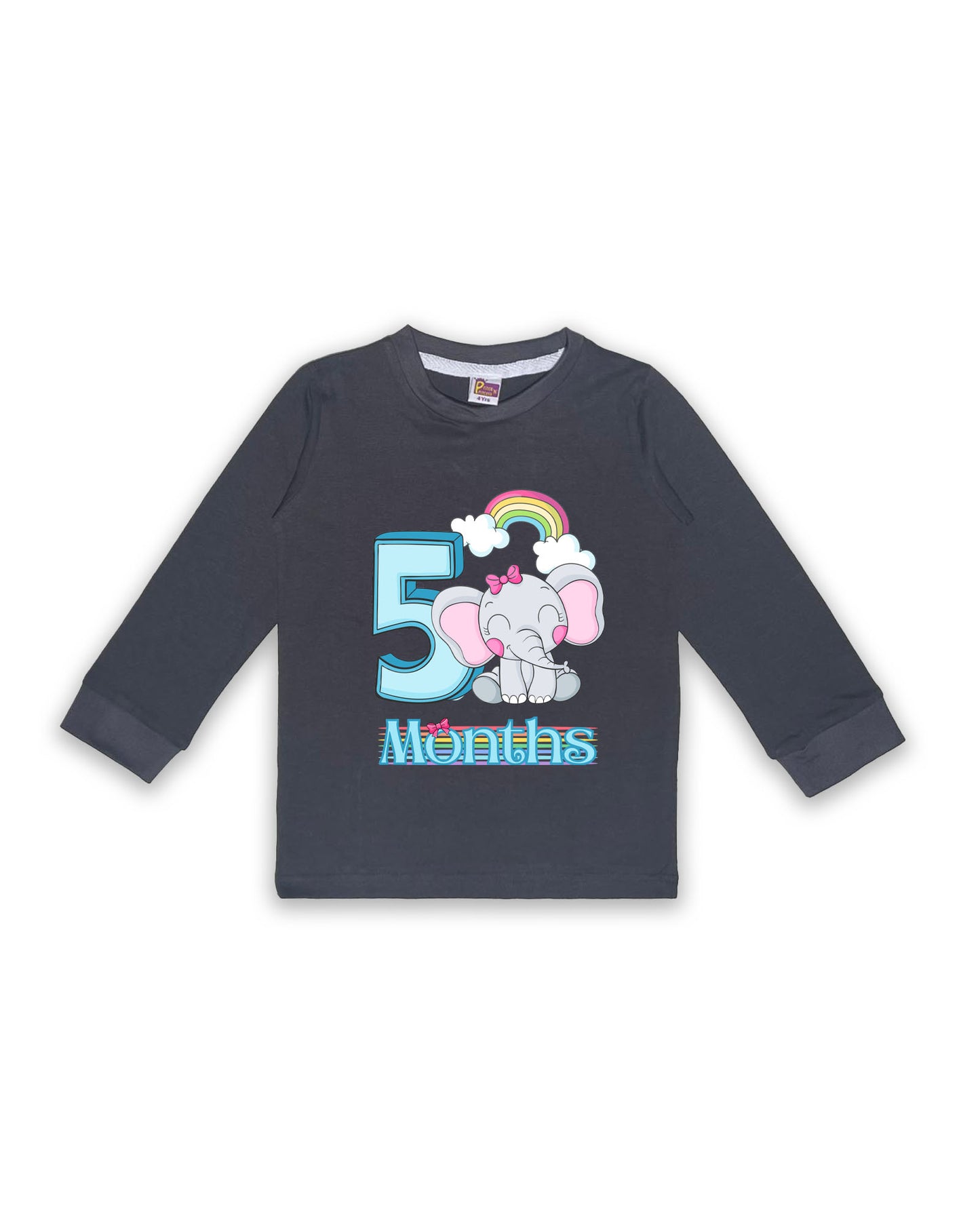 Newborn Full-Sleeve Dark Grey Tees - 5 Months Milestone Tees with Adorable Elephant & Rainbow Design - Soft Cotton Baby Tees NPT0228