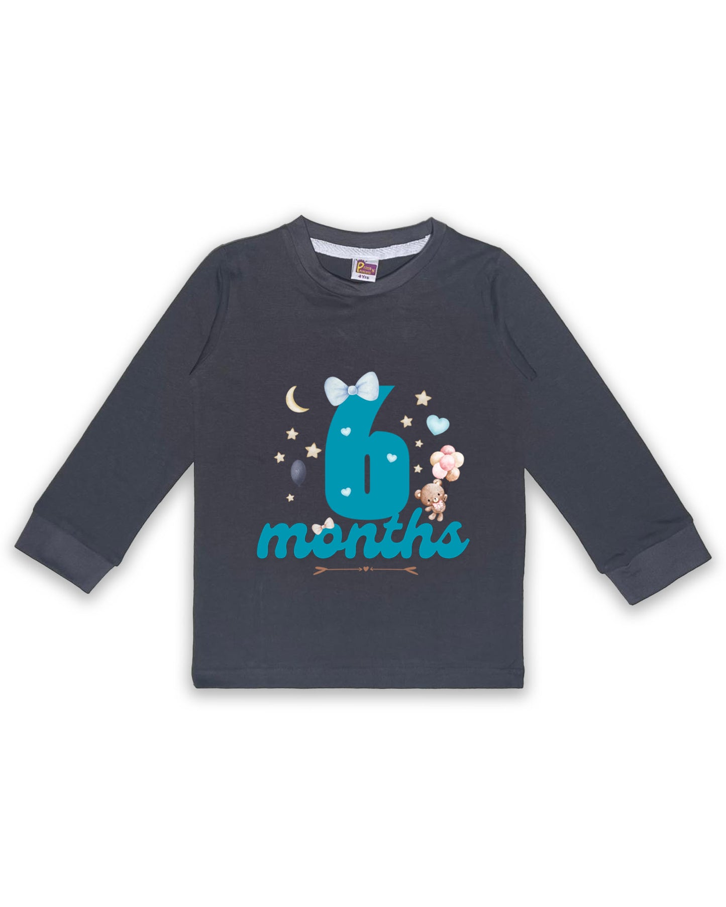 Newborn Full-Sleeve Dark Grey Tees - 6 Months Milestone Tees with Teddy Bear & Balloon Design - Soft Cotton Baby NPT0238