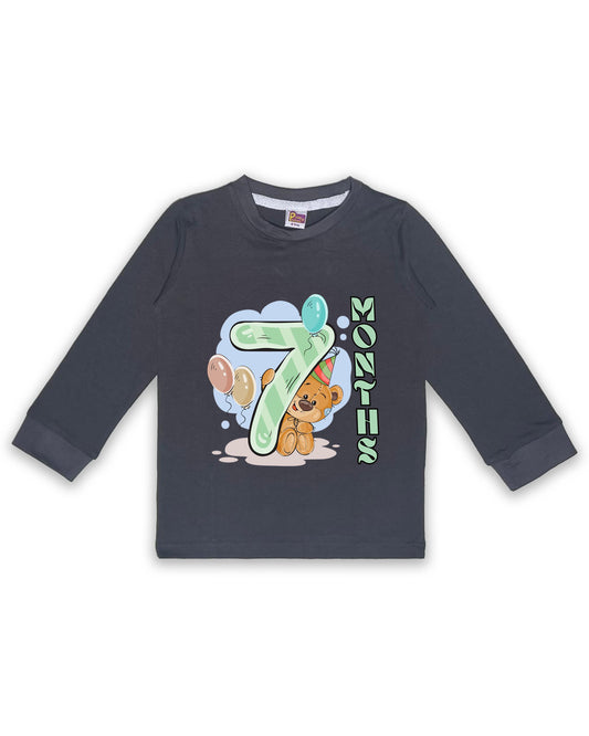 Newborn Full-Sleeve Dark Grey Tees - 7 Months Milestone Tees with Party Bear & Balloons Design - Soft Cotton Baby Tees NPT0249