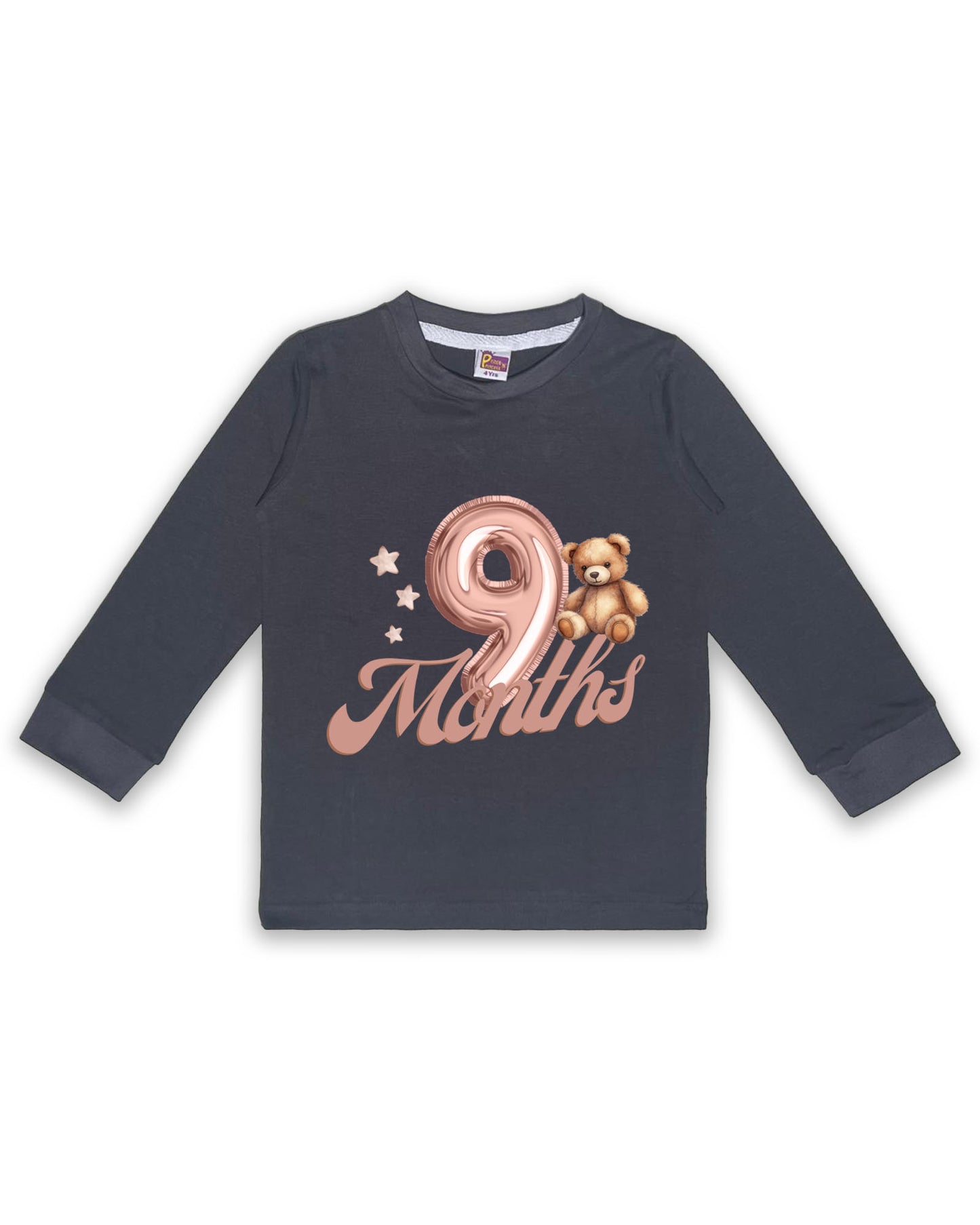 Newborn Full-Sleeve Dark Grey Tees - 9 Months Milestone Tees with Balloon Number & Teddy Bear Design - Soft Cotton Baby Tees NPT0268