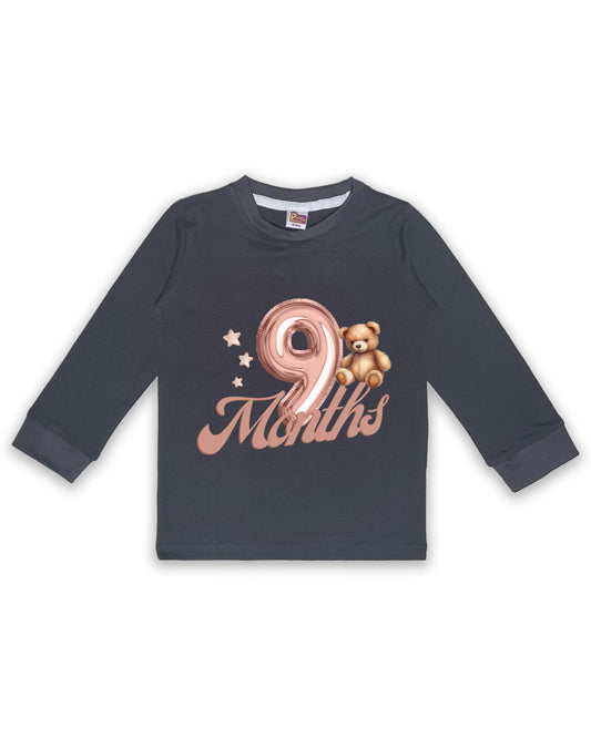 Newborn Full-Sleeve Dark Grey Tees - 9 Months Milestone Tees with Balloon Number & Teddy Bear Design - Soft Cotton Baby Tees NPT0268
