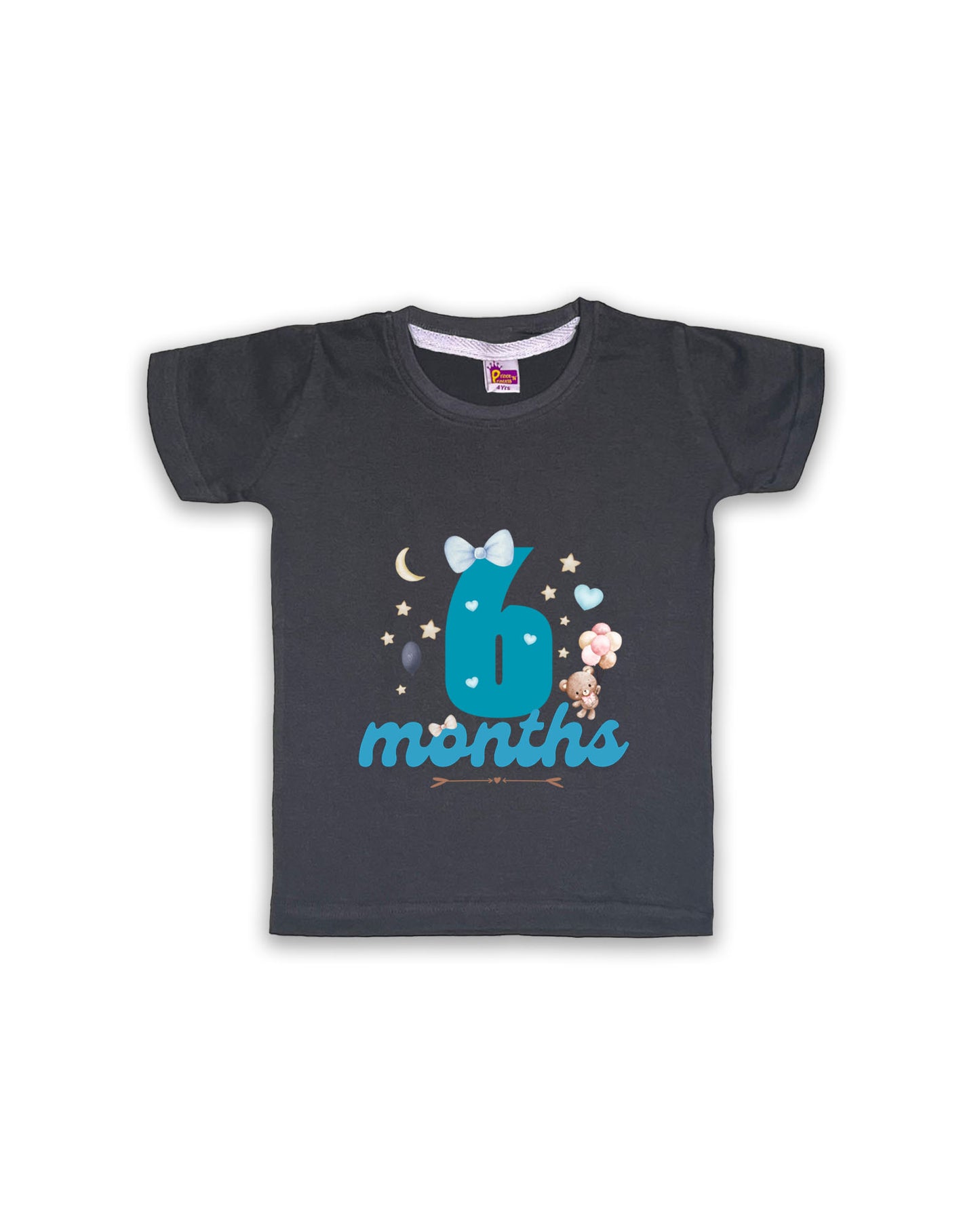 Newborn Half-Sleeve Dark Grey Tees - 6 Months Milestone Tees with Teddy Bear & Balloon Design - Soft Cotton Baby Tees NPT0174