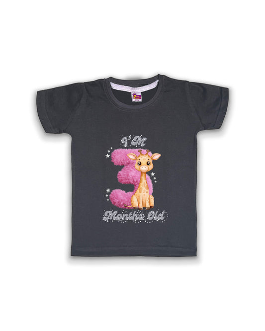 Newborn Dark Grey Tees "I’m 3 Months Old" – Soft Cotton | Pink 3 with Giraffe Print | Short Sleeve Milestone Outfit NPT063