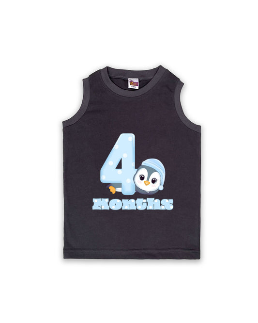 Newborn Sleeveless Dark Grey Vest - 4 Months Milestone Tee with Cute Penguin Design - Soft Cotton Baby Vest NPT111