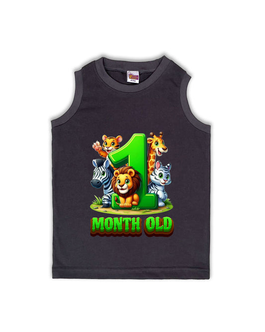 Newborn Dark Grey Sleeveless Vest "1 Month Old" – Soft Cotton | Jungle Animal Milestone Vest for Newborns | NPT075