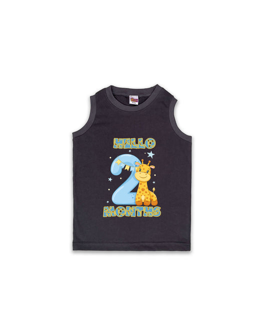 Newborn Dark Grey Sleeveless Vest "Hello 2 Months" – Soft Cotton | Giraffe Print Milestone Vest for Babies | NPT083