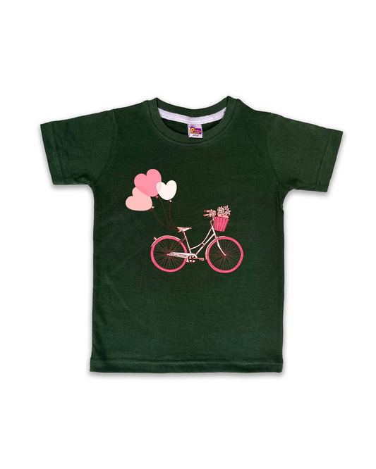 Kids’ Printed Half Sleeve Tees – Dark Green Tees for Girls FTS068
