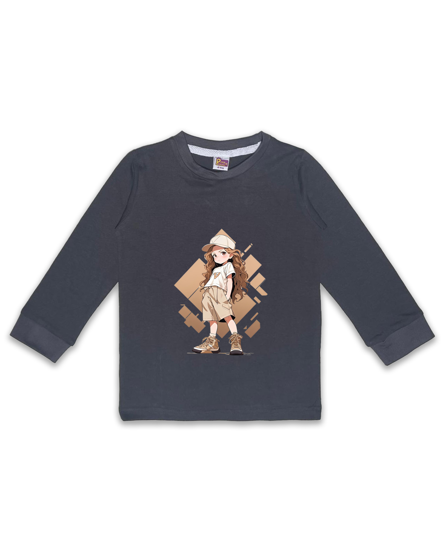 Kids’ Printed Full Sleeve Tees – Dark Grey Tees for Girls FTS0166