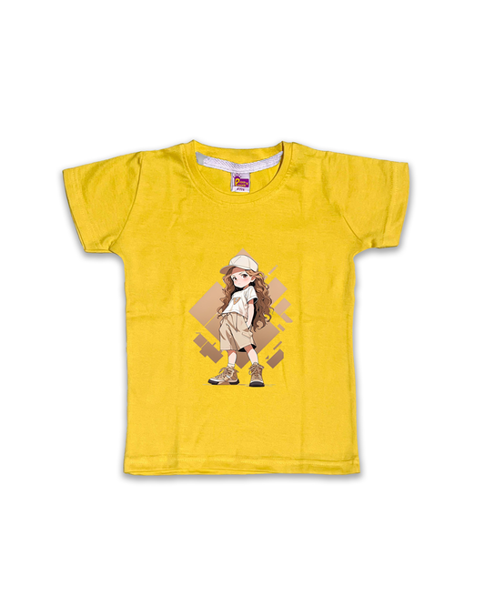 Kids’ Printed Half Sleeve Tees – Yellow Tees for Girls FTS077