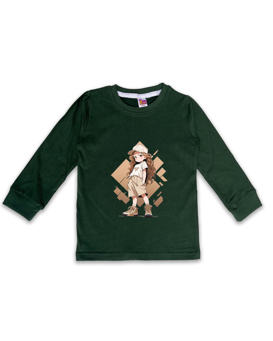 Kids’ Printed Full Sleeve Tees – Dark Green Tees for Girls FTS0167