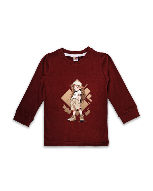 Kids’ Printed Full Sleeve Tees – Maroon Tees for Girls FTS0168