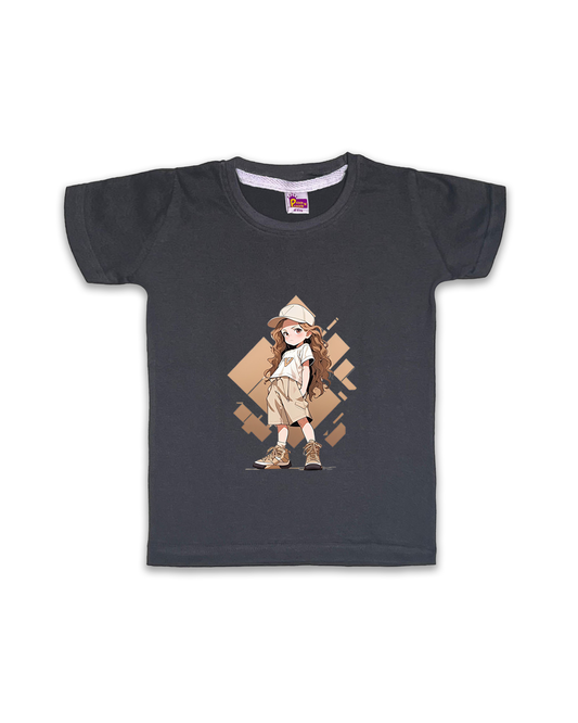 Kids’ Printed Half Sleeve Tees – Dark Grey Tees for Girls FTS070