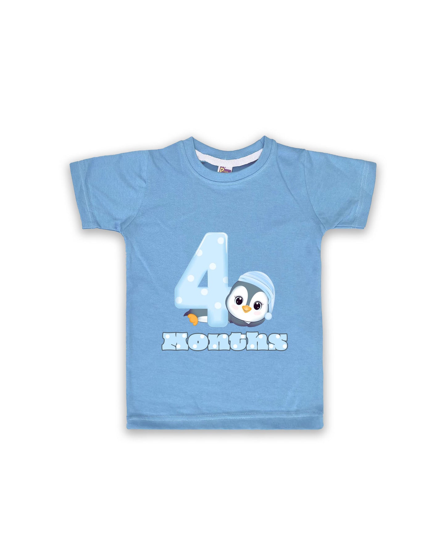 Newborn Half-Sleeve Ice Blue Tees - 4 Months Milestone Tees with Adorable Penguin Design - Soft Cotton Baby Vest NPT0153
