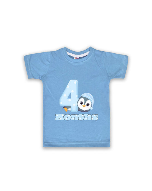 Newborn Half-Sleeve Ice Blue Tees - 4 Months Milestone Tees with Adorable Penguin Design - Soft Cotton Baby Vest NPT0153