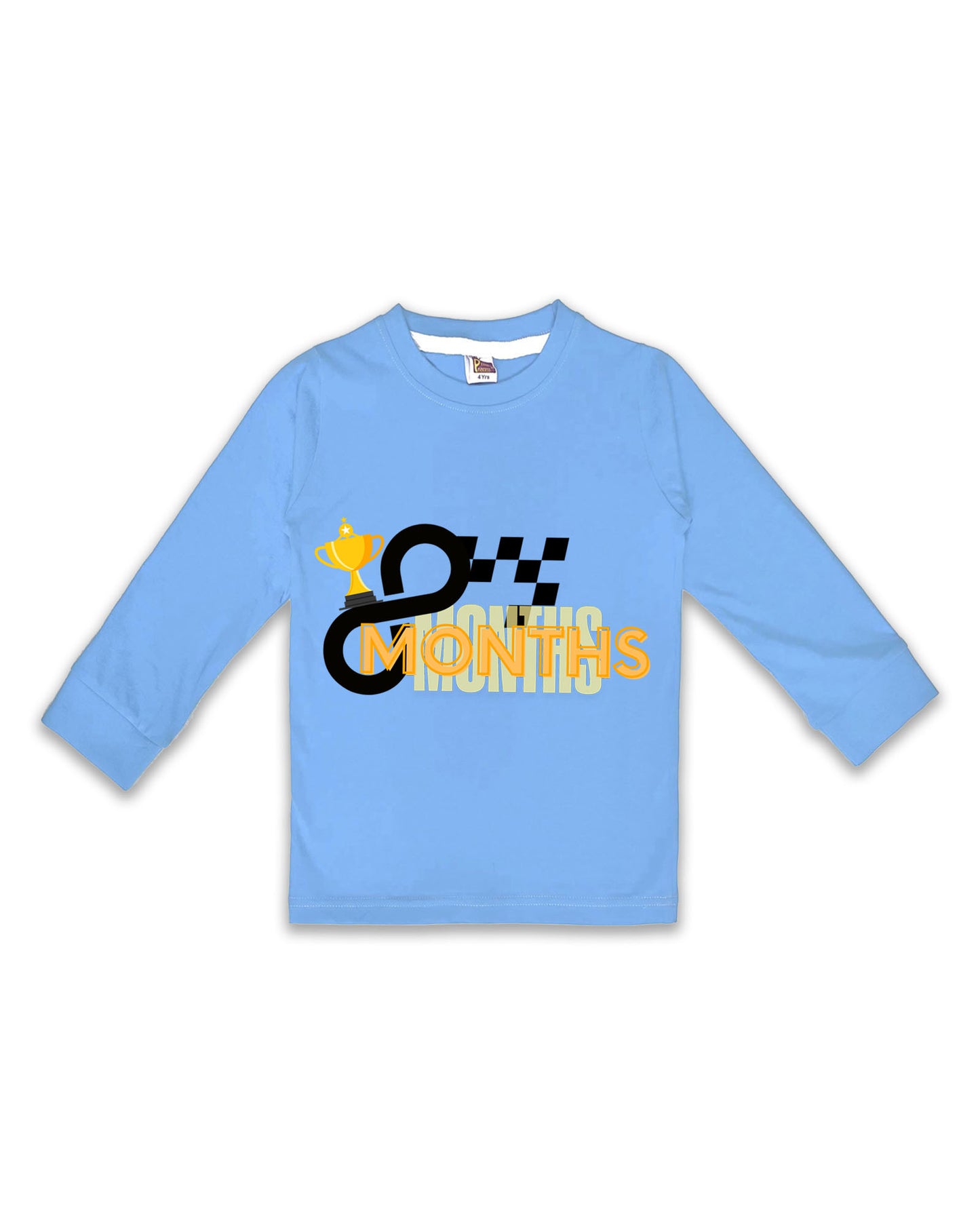 Newborn Full-Sleeve Ice Blue Tees - 8 Months Milestone Tees with Racing Trophy & Checkered Flag Design - Soft Cotton Baby Tees NPT0259