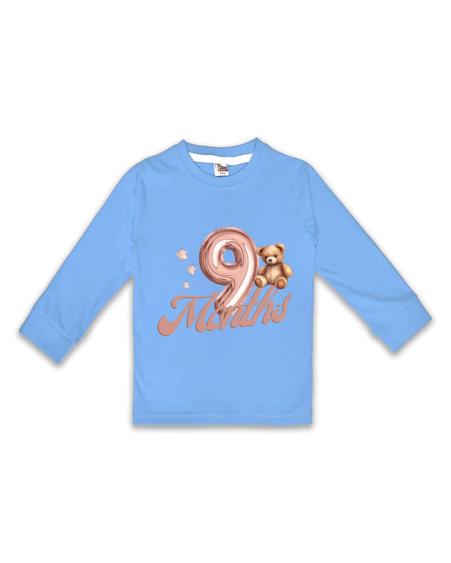 Newborn Full-Sleeve Ice Blue Tees - 9 Months Milestone Tees with Balloon Number & Teddy Bear Design - Soft Cotton Baby Tees NPT0269
