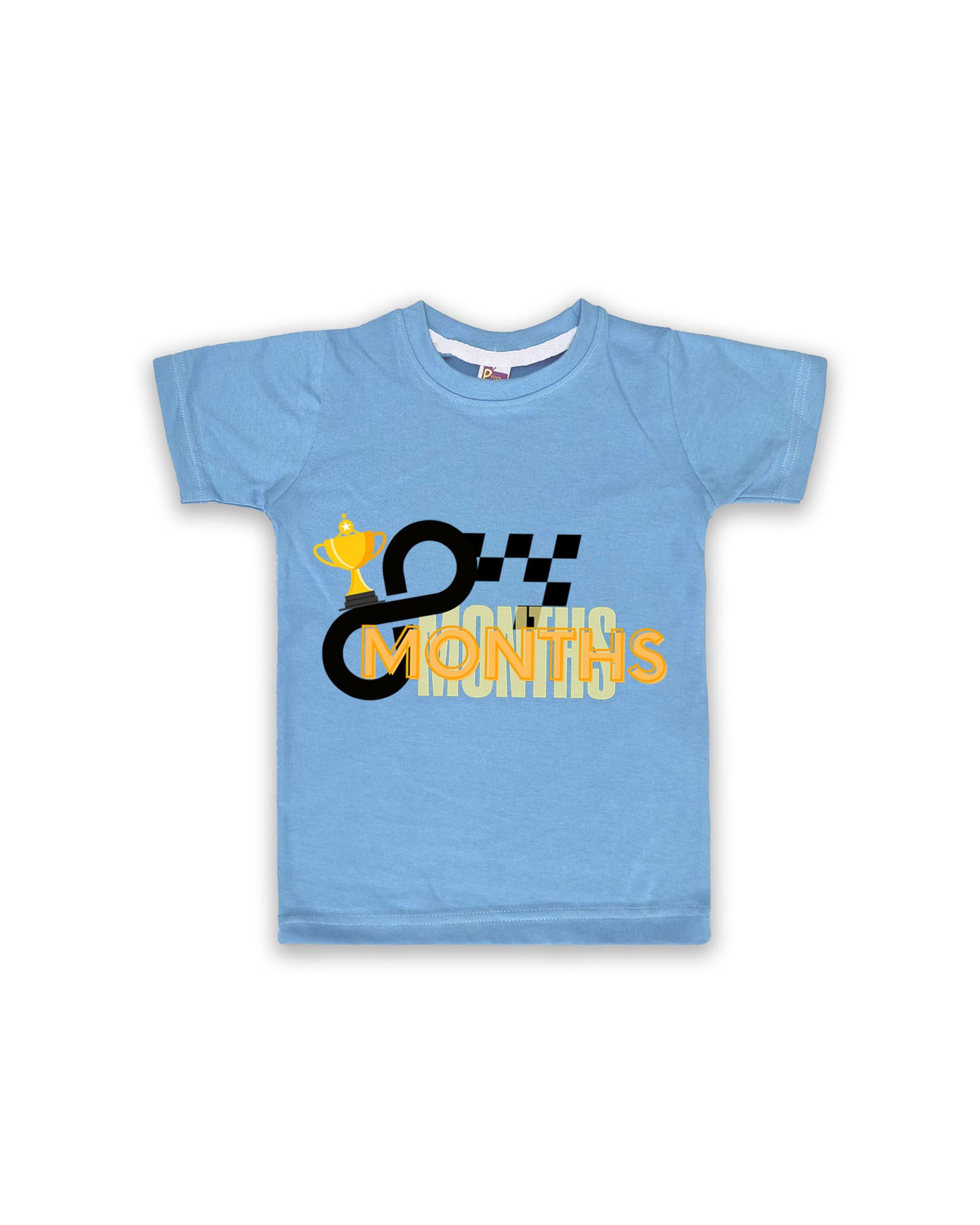 Newborn Half-Sleeve Ice Blue Tees - 8 Months Milestone Tees with Racing Trophy & Checkered Flag Design - Soft Cotton Baby Tees NPT0195