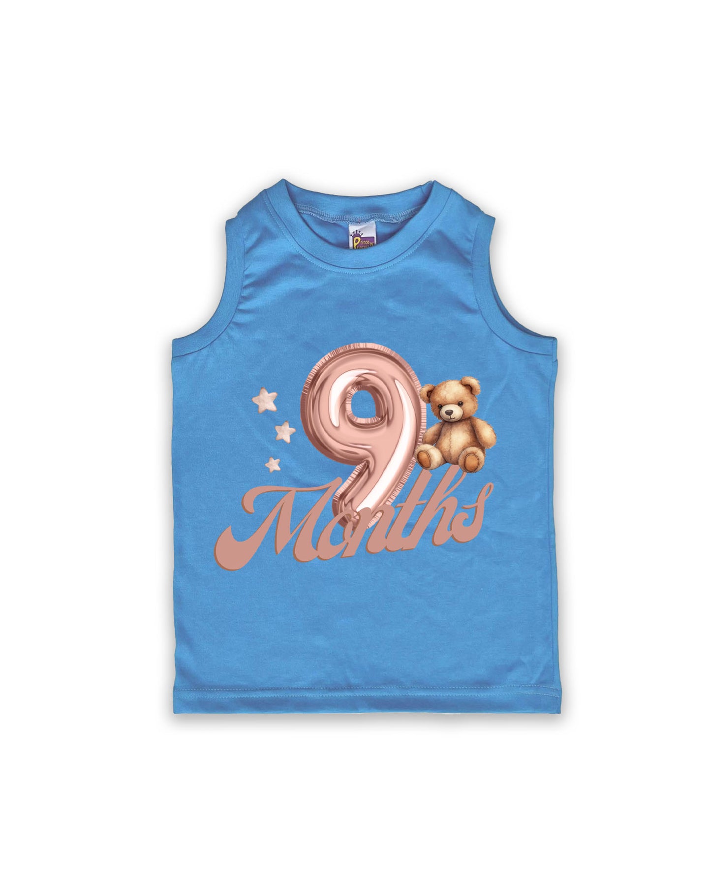 Newborn Sleeveless Ice Blue vest - 9 Months Milestone vest with Teddy Bear & Balloon Number Design - Soft Cotton Baby Vest NPT145