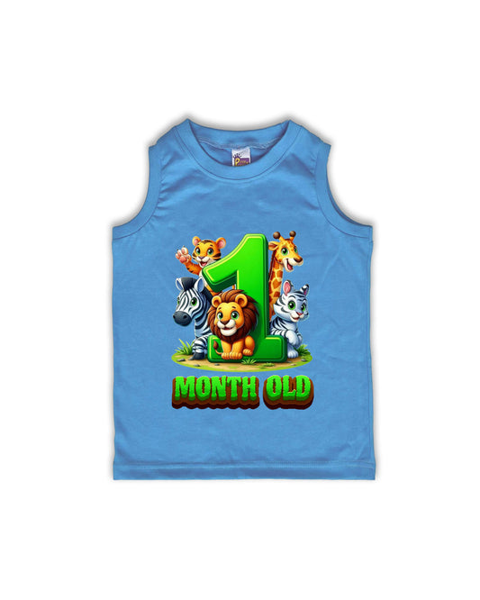 Newborn Ice Blue Sleeveless Vest "1 Month Old" – Soft Cotton | Jungle Animal Milestone Vest for Newborns | NPT076
