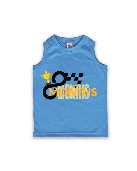 Newborn Sleeveless Ice Blue Vest - 8 Months Milestone vest with Racing Trophy & Checkered Flag Design - Soft Cotton Baby Vest NPT138