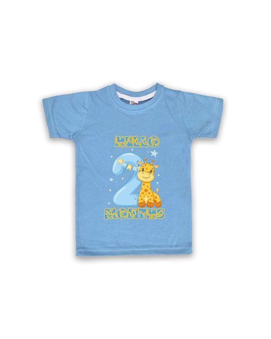 Newborn Ice Blue Tees "Hello 2 Months" – Soft Cotton | Giraffe & Stars Milestone Outfit | Short Sleeve Baby Tees NPT052