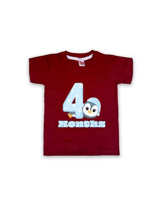 Newborn Half-Sleeve Maroon Tees - 4 Months Milestone Tees with Adorable Penguin Design - Soft Cotton Baby Vest NPT0154