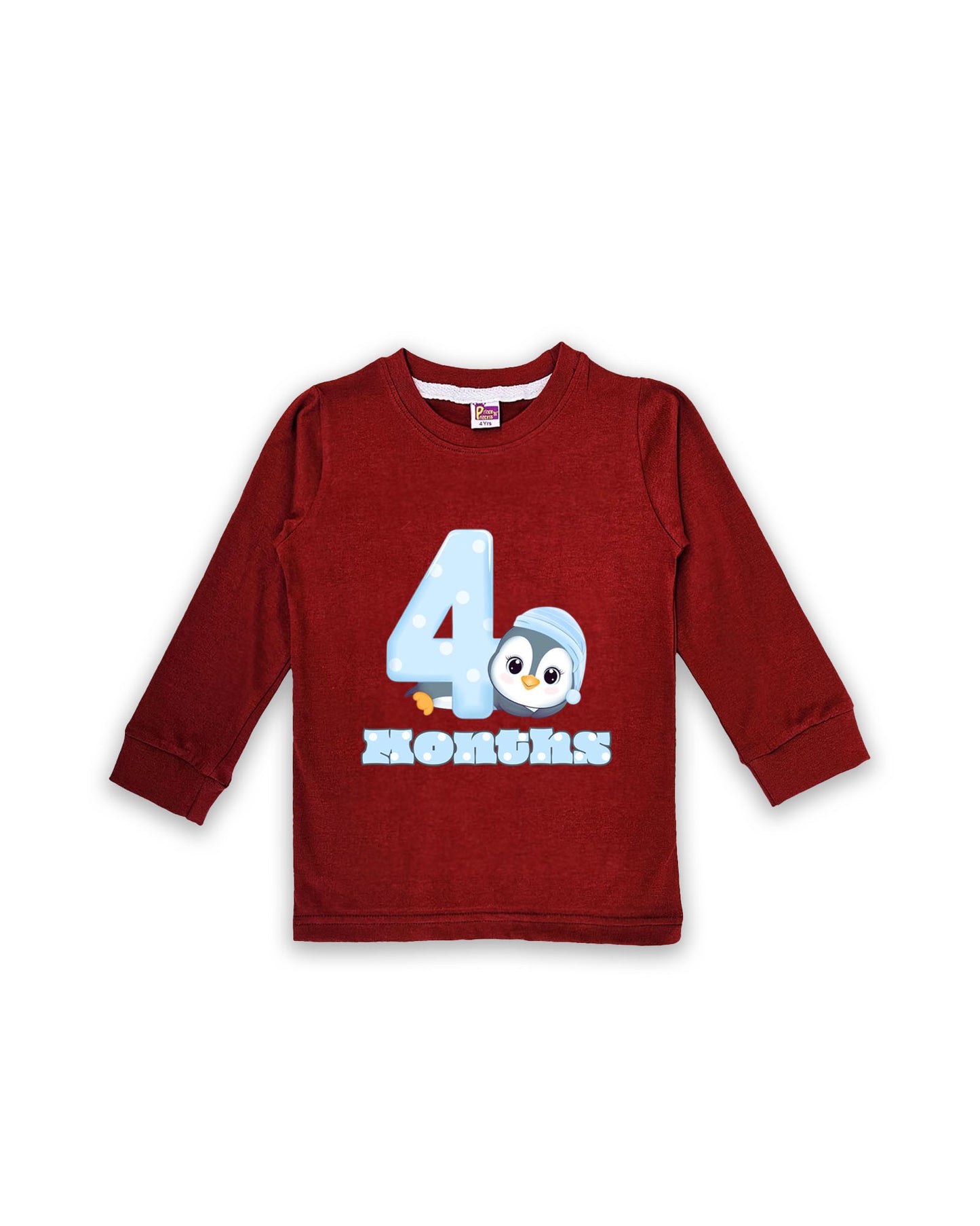 Newborn Full-Sleeve Maroon Tees - 4 Months Milestone Tees with Adorable Penguin Design - Soft Cotton Baby Tees NPT0218