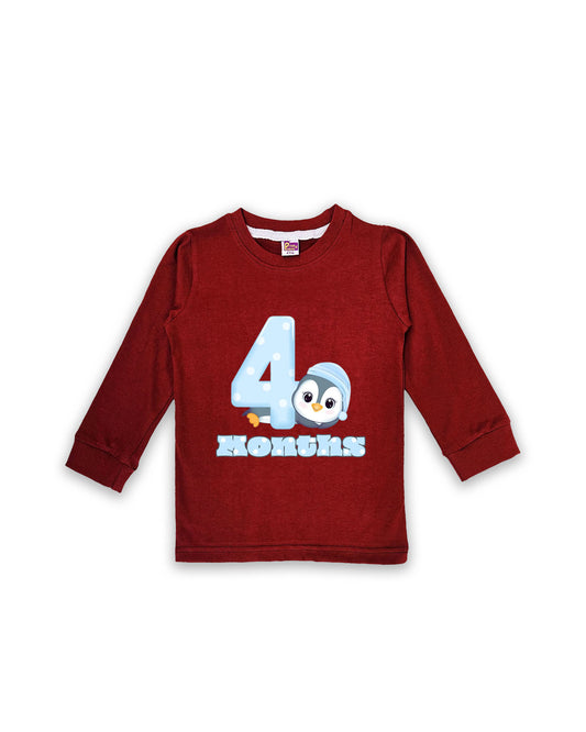 Newborn Full-Sleeve Maroon Tees - 4 Months Milestone Tees with Adorable Penguin Design - Soft Cotton Baby Tees NPT0218