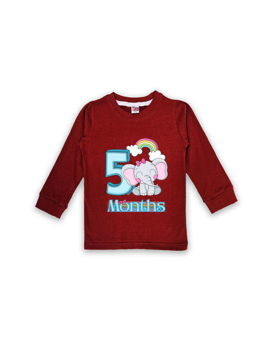 Newborn Full-Sleeve Maroon Tees - 5 Months Milestone Tees with Adorable Elephant & Rainbow Design - Soft Cotton Baby Tees NPT0230
