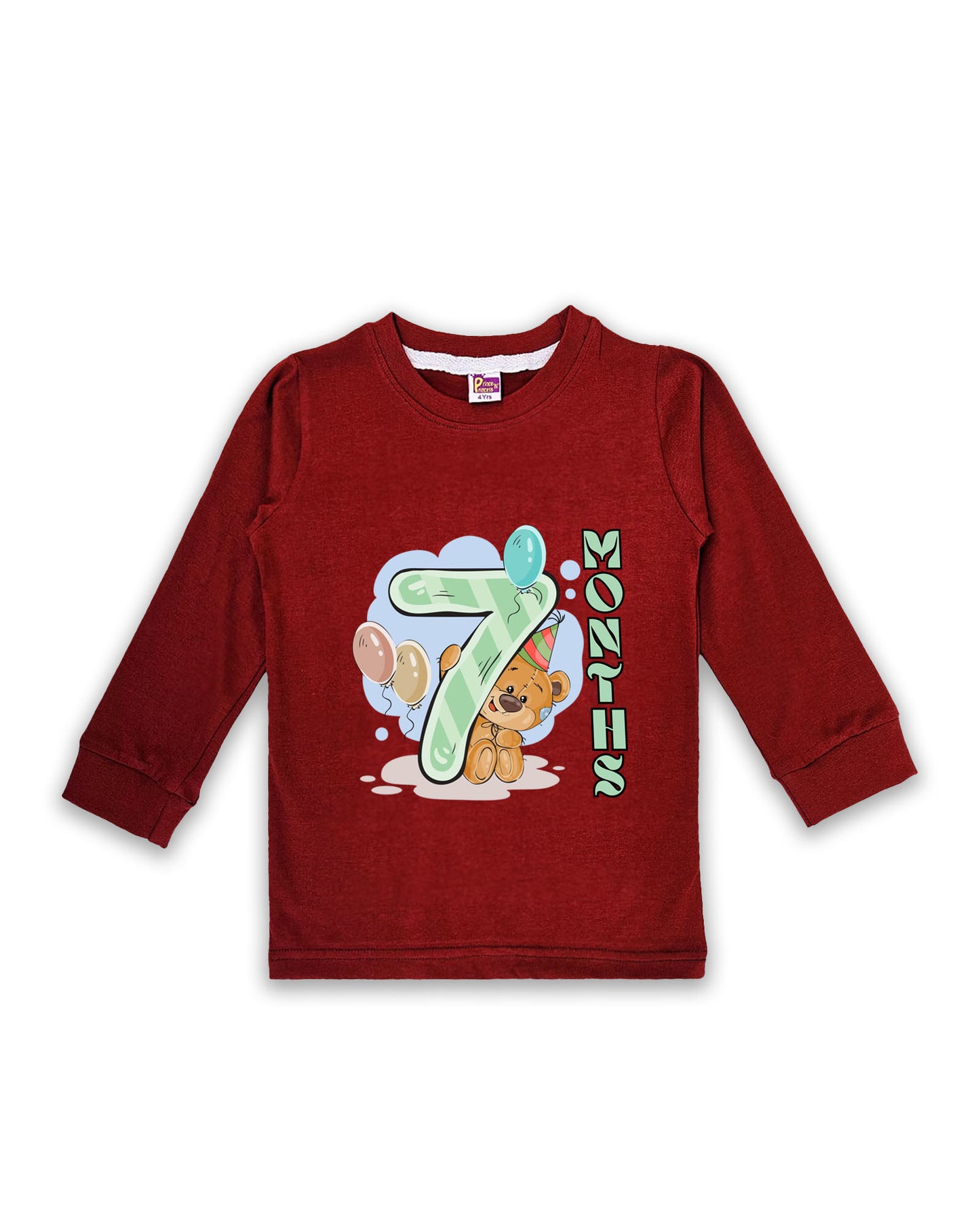 Newborn Full-Sleeve Maroon Tees - 7 Months Milestone Tees with Party Bear & Balloons Design - Soft Cotton Baby Tees NPT0250