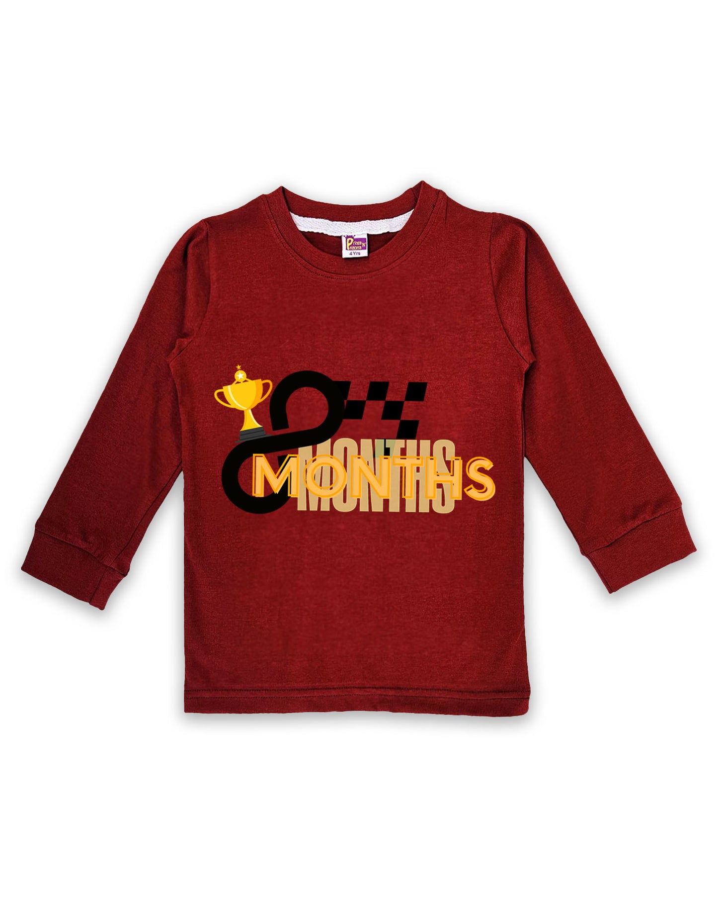 Newborn Full-Sleeve Maroon Tees - 8 Months Milestone Tees with Racing Trophy & Checkered Flag Design - Soft Cotton Baby Tees NPT0260