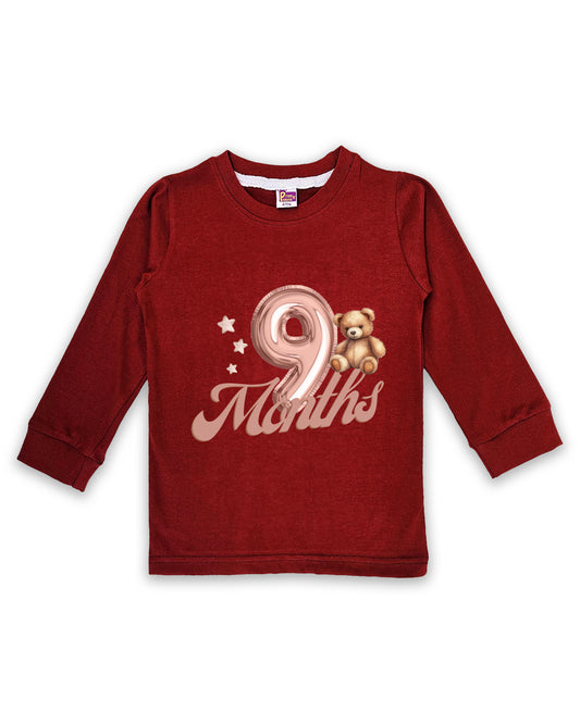 Newborn Full-Sleeve Maroon Tees - 9 Months Milestone Tees with Balloon Number & Teddy Bear Design - Soft Cotton Baby Tees NPT0270