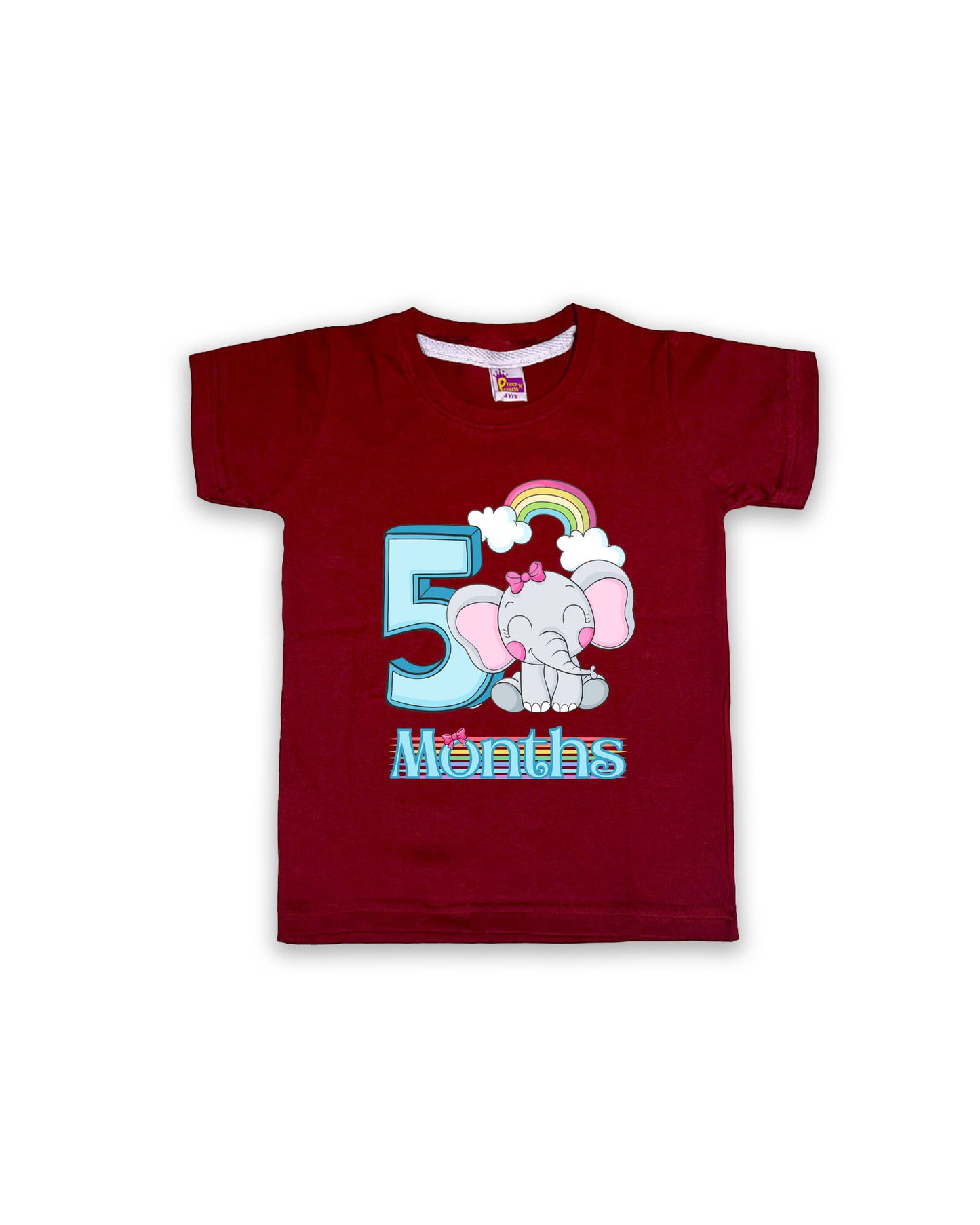 Newborn Half-Sleeve Maroon Tees - 5 Months Milestone Tees with Adorable Elephant & Rainbow Design - Soft Cotton Baby tees NPT0166