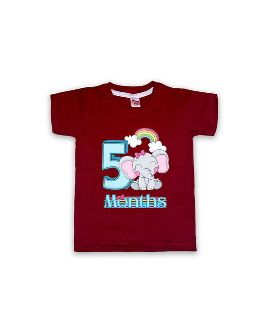 Newborn Half-Sleeve Maroon Tees - 5 Months Milestone Tees with Adorable Elephant & Rainbow Design - Soft Cotton Baby tees NPT0166