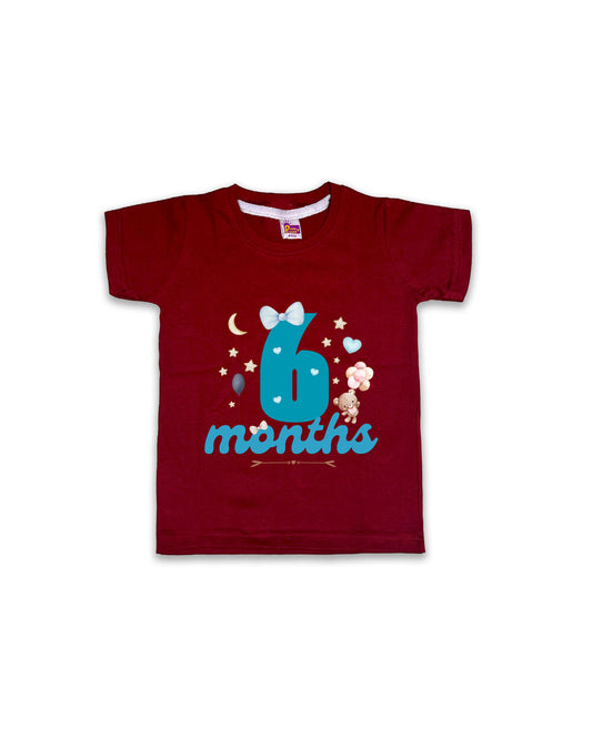 Newborn Half-Sleeve Maroon Tees - 6 Months Milestone Tees with Teddy Bear & Balloon Design - Soft Cotton Baby Tees NPT0175