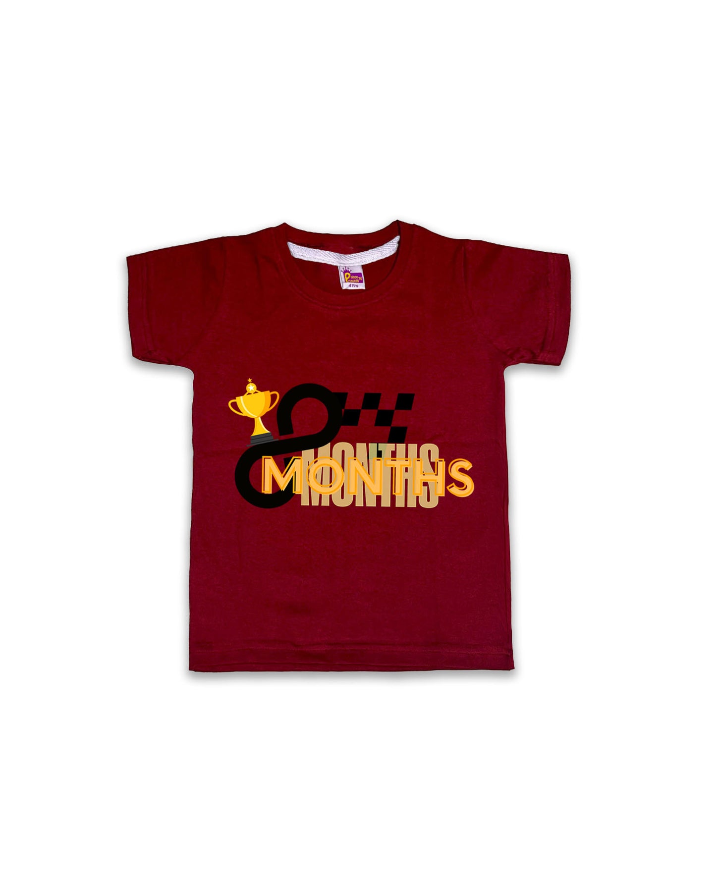 Newborn Half-Sleeve Maroon Tees - 8 Months Milestone Tees with Racing Trophy & Checkered Flag Design - Soft Cotton Baby Tees NPT0196