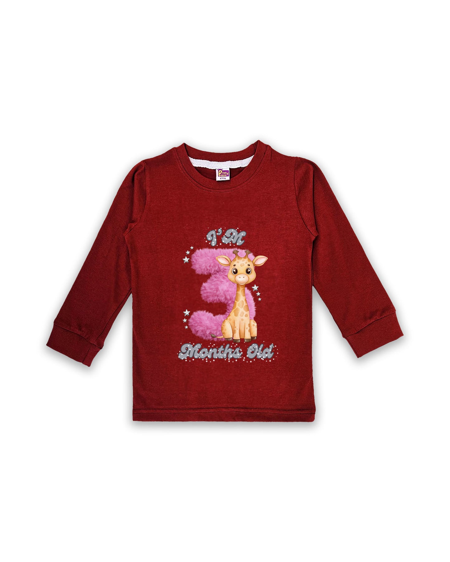 Newborn Maroon Full Sleeve "I’m 3 Months Old" Milestone Tees – Soft Cotton | Pink 3 with Giraffe Print | Milestone Outfit NPT027