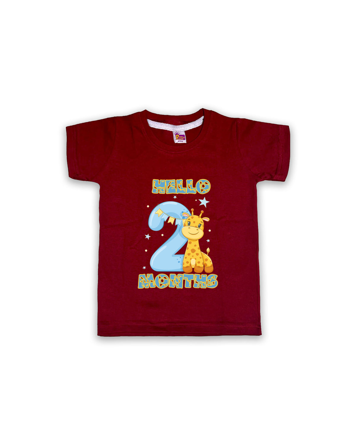 Newborn Maroon Tees "Hello 2 Months" – Soft Cotton | Giraffe & Stars Milestone Outfit | Short Sleeve Baby Tees NPT053