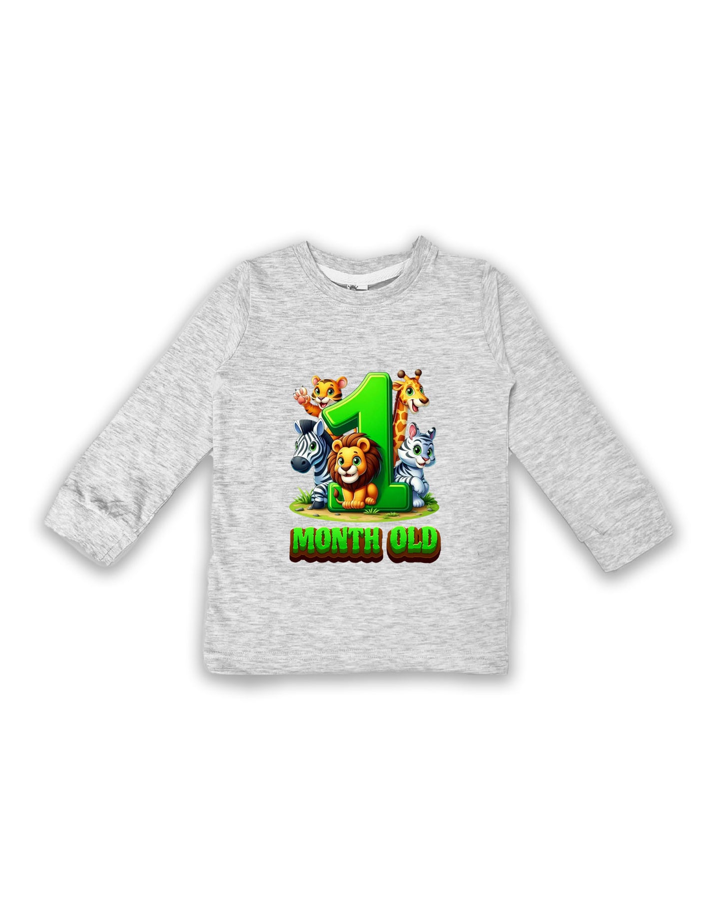 Newborn Melange Full Sleeve "1 Month Old" Birthday Tees – Soft Cotton | Jungle Animal Print | Milestone Outfit NPT005