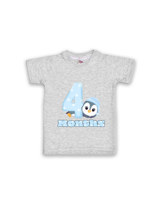Newborn Half-Sleeve Melange Tees - 4 Months Milestone Tees with Adorable Penguin Design - Soft Cotton Baby Vest NPT0155