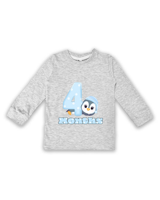 Newborn Full-Sleeve Melange Tees - 4 Months Milestone Tees with Adorable Penguin Design - Soft Cotton Baby Tees NPT0219