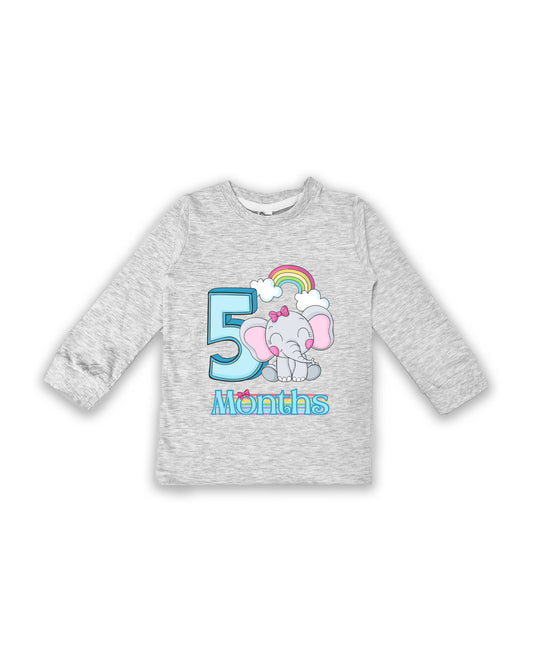 Newborn Full-Sleeve Melange Tees - 5 Months Milestone Tees with Adorable Elephant & Rainbow Design - Soft Cotton Baby Tees NPT0231