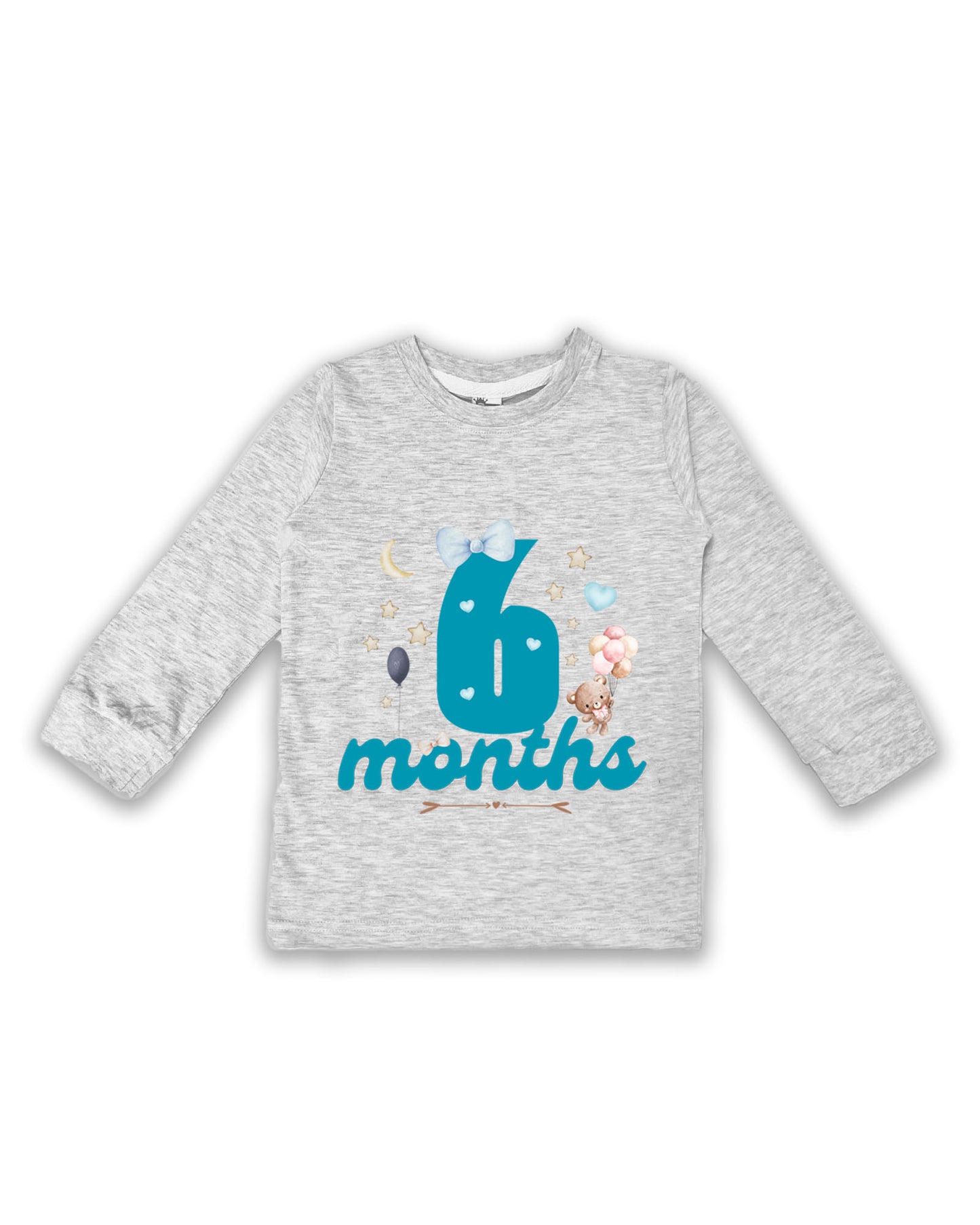 Newborn Full-Sleeve Melange Tees - 6 Months Milestone Tees with Teddy Bear & Balloon Design - Soft Cotton Baby NPT0240