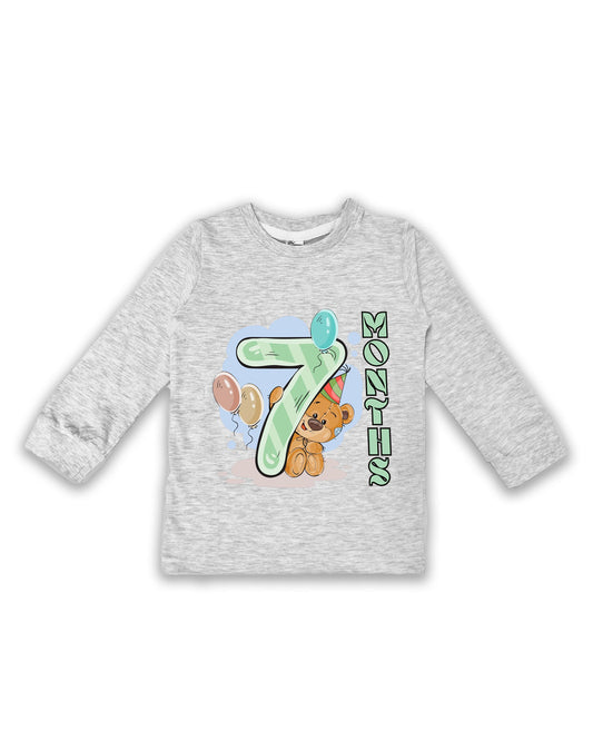 Newborn Full-Sleeve Melange Tees - 7 Months Milestone Tees with Party Bear & Balloons Design - Soft Cotton Baby Tees NPT0251