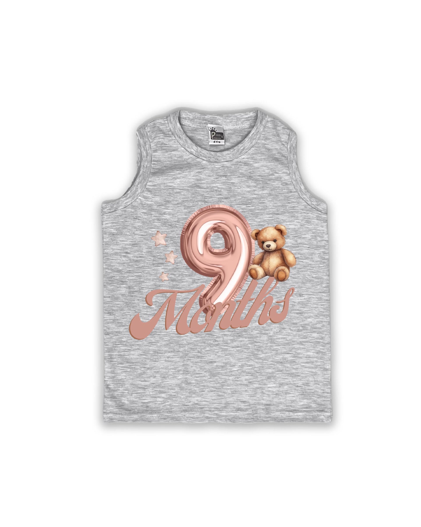 Newborn Sleeveless Melange vest - 9 Months Milestone vest with Teddy Bear & Balloon Number Design - Soft Cotton Baby Vest NPT146