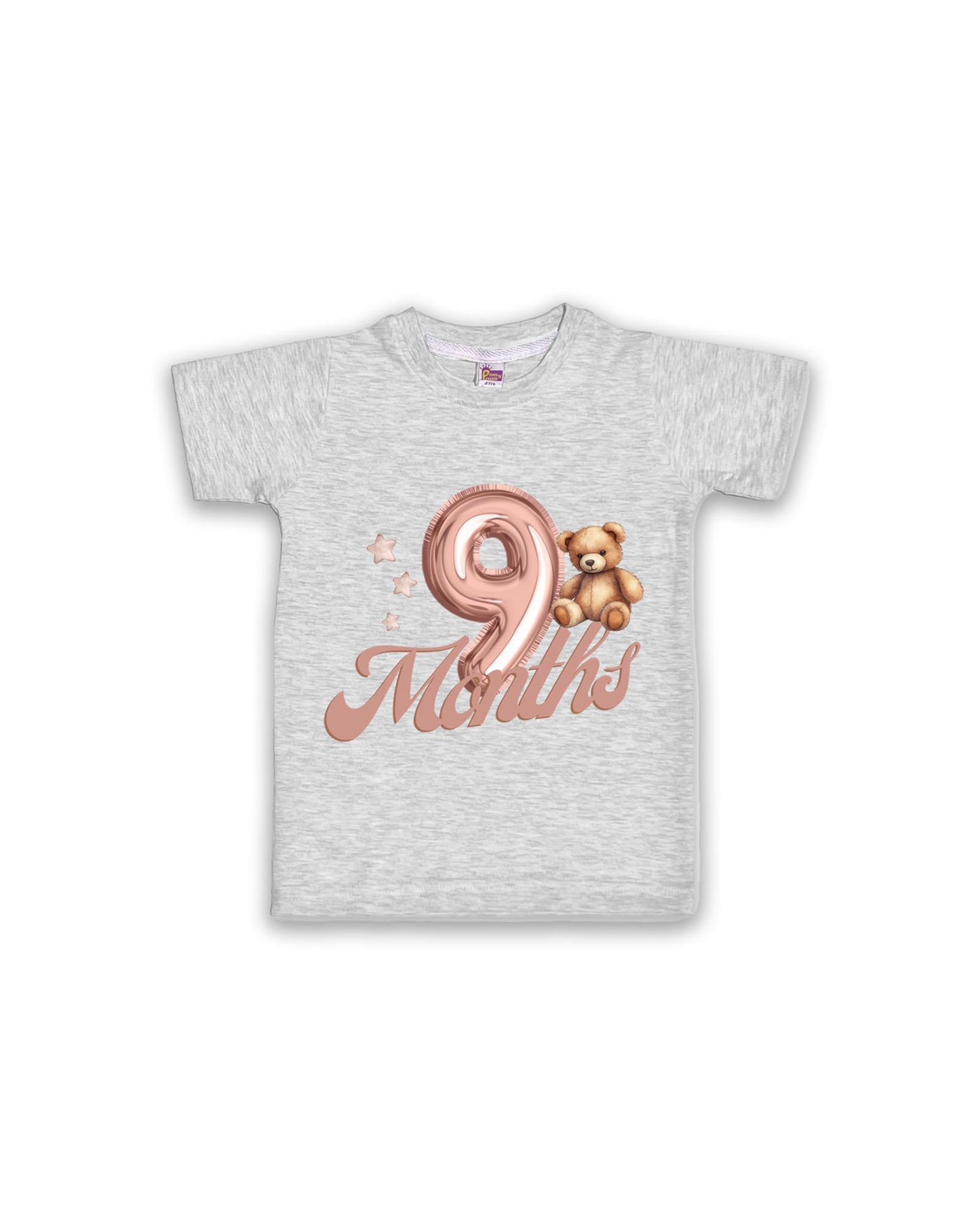 Newborn Half-Sleeve Melange Tees - 9 Months Milestone Tees with Balloon Number & Teddy Bear Design - Soft Cotton Baby Tees NPT0207