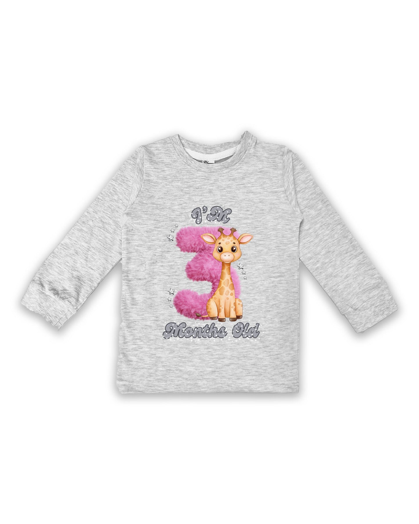 Newborn Melange Full Sleeve "I’m 3 Months Old" Milestone Tees – Soft Cotton | Pink 3 with Giraffe Print | Milestone Outfit NPT028