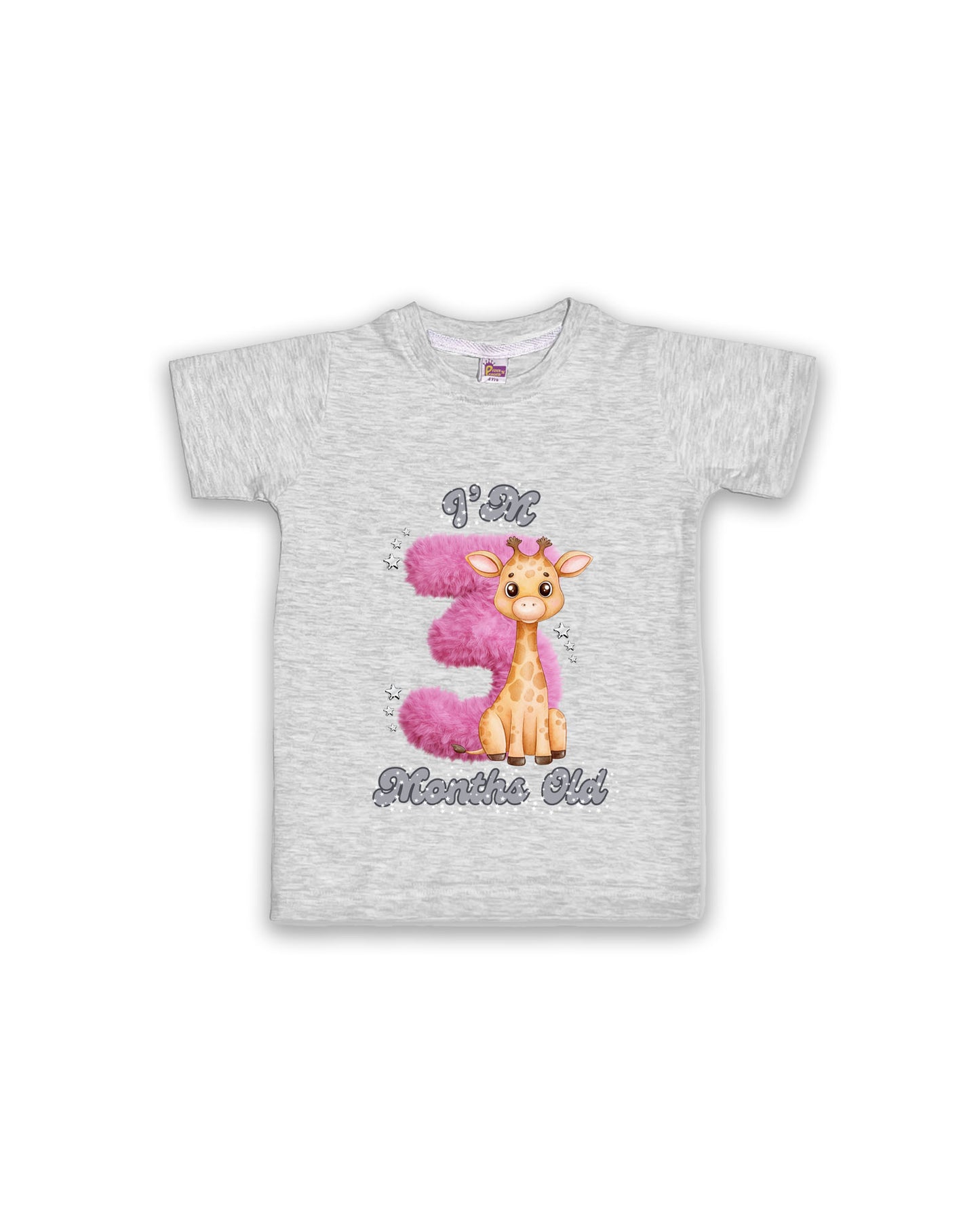 Newborn Melange Tees "I’m 3 Months Old" – Soft Cotton | Pink 3 with Giraffe Print | Short Sleeve Milestone Outfit NPT066