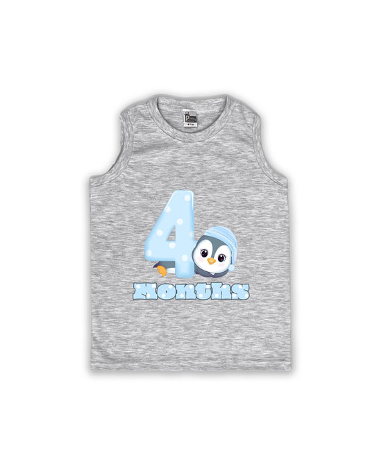 Newborn Sleeveless Melange Vest - 4 Months Milestone Tee with Cute Penguin Design - Soft Cotton Baby Vest NPT113
