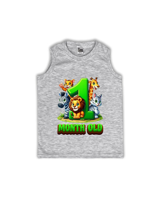 Newborn Melange Sleeveless Vest "1 Month Old" – Soft Cotton | Jungle Animal Milestone Vest for Newborns | NPT077